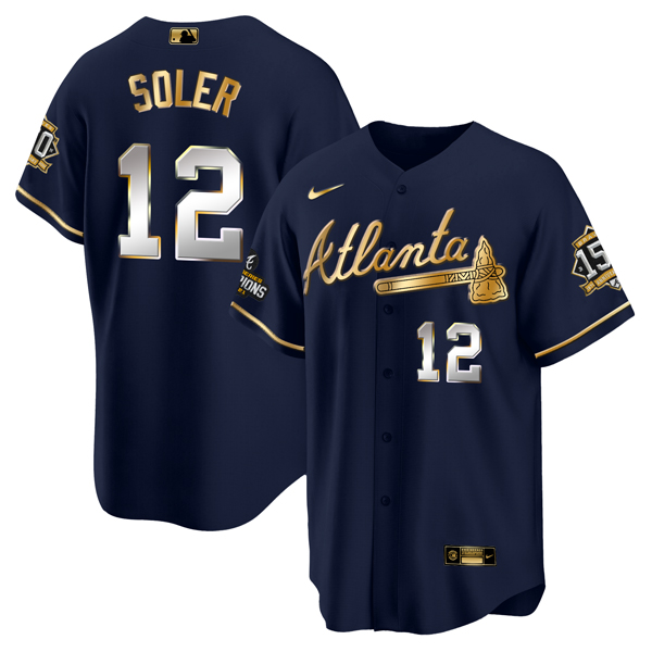 Personalized Men’s Atlanta Braves #12 Jorge Soler 2021 Navy Gold World Series Champions With 150th Anniversary Patch Cool Base Stitched Jersey