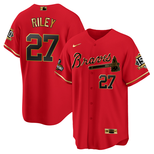 Personalized Men’s Atlanta Braves #27 Austin Riley 2021 Red Gold World Series Champions With 150th Anniversary Patch Cool Base Stitched Jersey