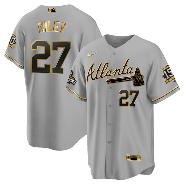 Personalized Men’s Atlanta Braves #27 Austin Riley 2021 Grey Gold World Series Champions With 150th Anniversary Patch Cool Base Stitched Jersey
