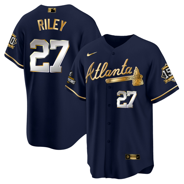 Personalized Men’s Atlanta Braves #27 Austin Riley 2021 Navy Gold World Series Champions With 150th Anniversary Patch Cool Base Stitched Jersey
