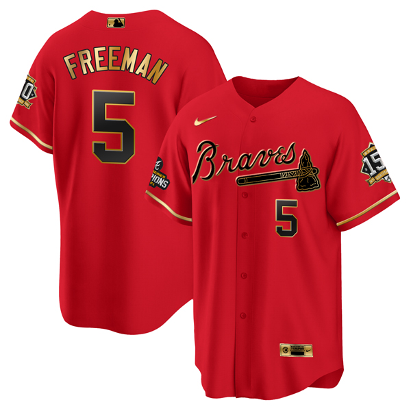 Personalized Men’s Atlanta Braves #5 Freddie Freeman 2021 Red Gold World Series Champions With 150th Anniversary Patch Cool Base Stitched Jersey