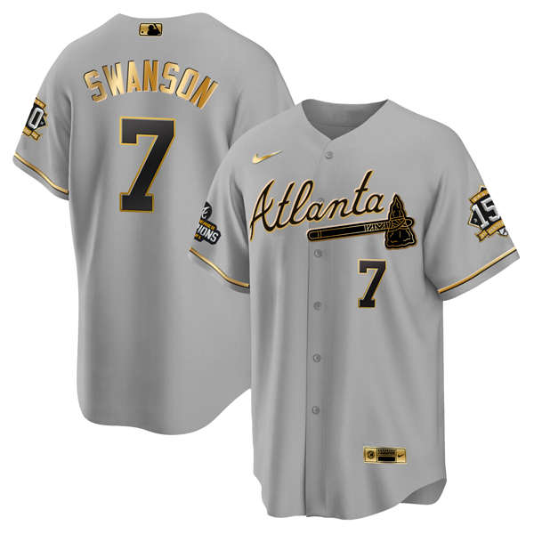 Personalized Men’s Atlanta Braves #7 Dansby Swanson 2021 Grey Gold World Series Champions With 150th Anniversary Patch Cool Base Stitched Jersey