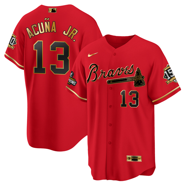 Personalized Men’s Atlanta Braves #13 Ronald Acuna Jr. 2021 Red Gold World Series Champions With 150th Anniversary Patch Cool Base Stitched Jersey