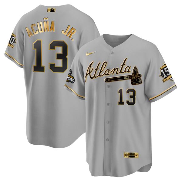 Personalized Men’s Atlanta Braves #13 Ronald Acuna Jr. 2021 Grey Gold World Series Champions With 150th Anniversary Patch Cool Base Stitched Jersey