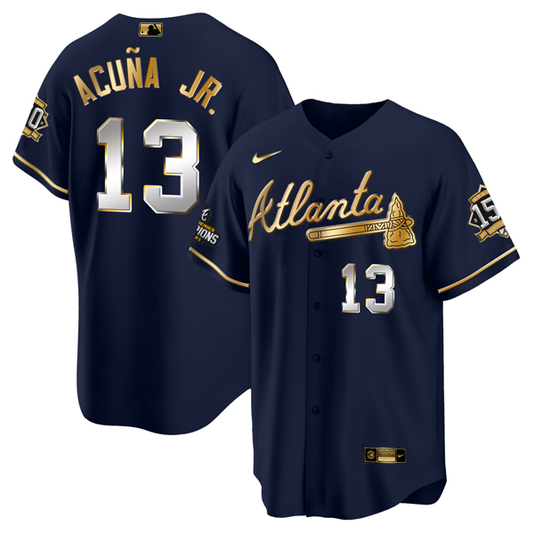 Personalized Men’s Atlanta Braves #13 Ronald Acuna Jr. 2021 Navy Gold World Series Champions With 150th Anniversary Patch Cool Base Stitched Jersey