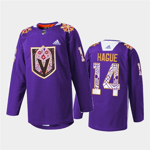 Personalized Men’s Vegas Golden Knights #14 Nicolas Hague Purple Hispanic Heritage Warmup Stitched Jersey