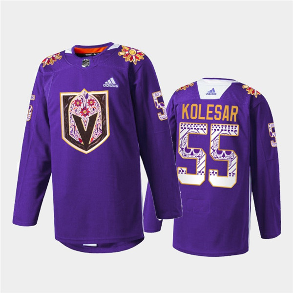 Personalized Men’s Vegas Golden Knights #55 Keegan Kolesar Purple Hispanic Heritage Warmup Stitched Jersey