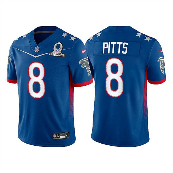 Personalized Men’s Atlanta Falcons #8 Kyle Pitts 2022 Royal NFC Pro Bowl Stitched Jersey