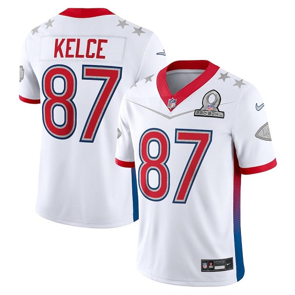 Personalized Men’s Kansas City Chiefs #87 Travis Kelce 2022 White Pro Bowl Stitched Jersey