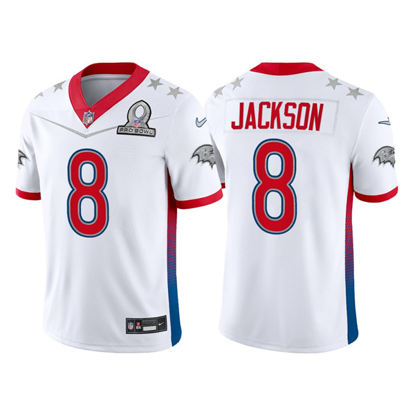 Personalized Men’s Baltimore Ravens #8 Lamar Jackson 2022 White AFC Pro Bowl Stitched Jersey