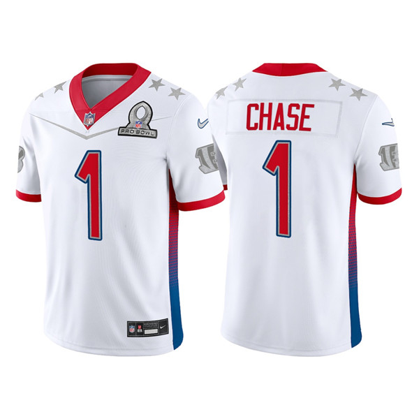 Personalized Men’s Cincinnati Bengals #1 Ja’Marr Chase 2022 White AFC Pro Bowl Stitched Jersey