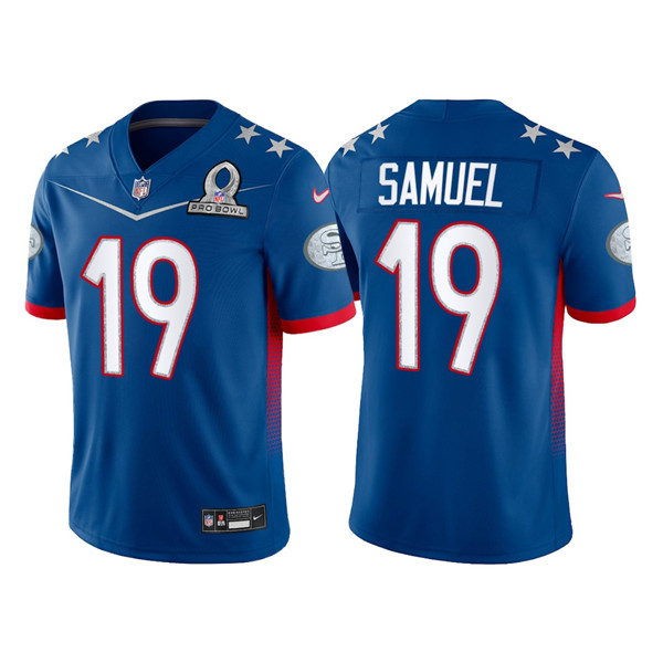 Personalized Men’s San Francisco 49ers #19 Deebo Samuel 2022 Royal NFC Pro Bowl Stitched Jersey