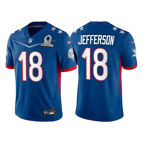 Personalized Men’s Minnesota Vikings #18 Justin Jefferson 2022 Royal NFC Pro Bowl Stitched Jersey