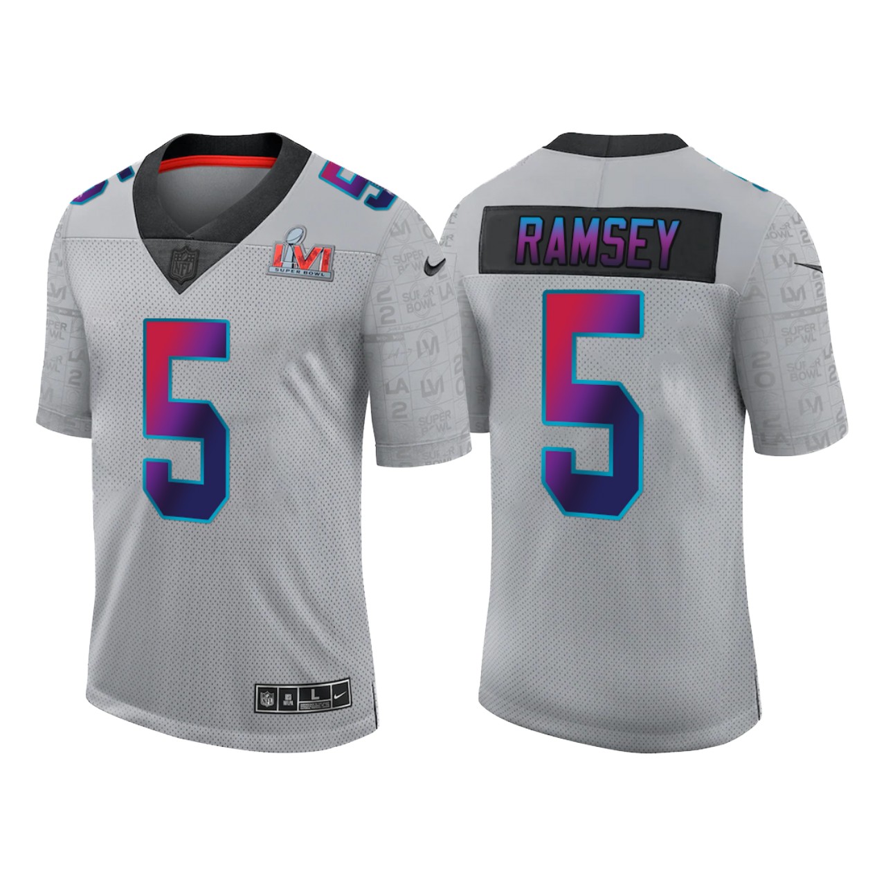 Personalized Men’s Los Angeles Rams #5 Jalen Ramsey 2022 Grey Super Bowl LVI Limited Stitched Jersey