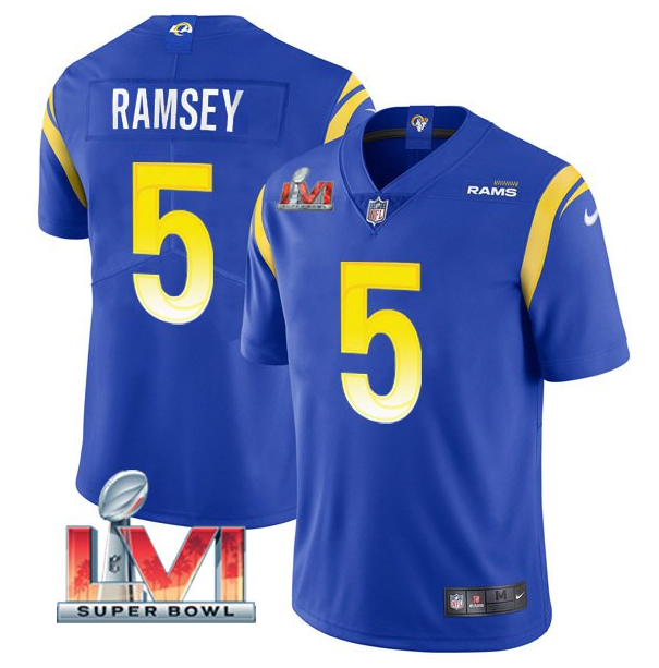 Personalized Men’s Los Angeles Rams #5 Jalen Ramsey 2022 Royal Super Bowl LVI Limited Stitched Jersey