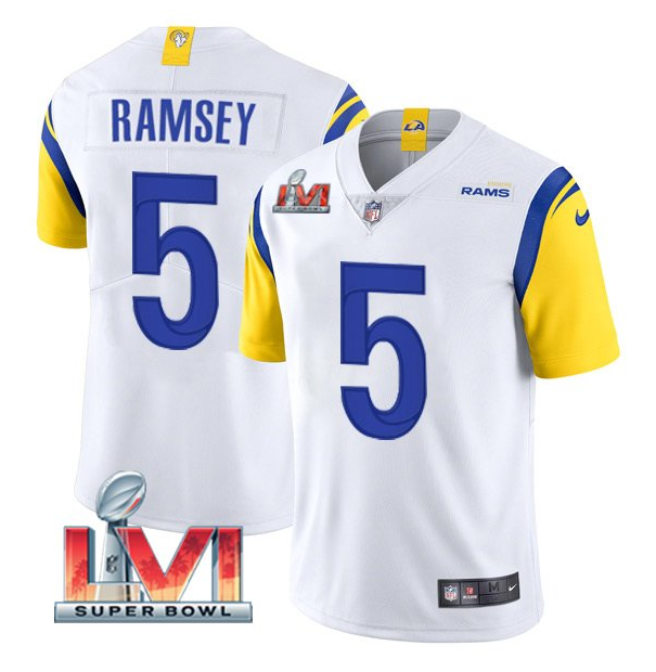 Personalized Men’s Los Angeles Rams #5 Jalen Ramsey 2022 White Super Bowl LVI Limited Stitched Jersey