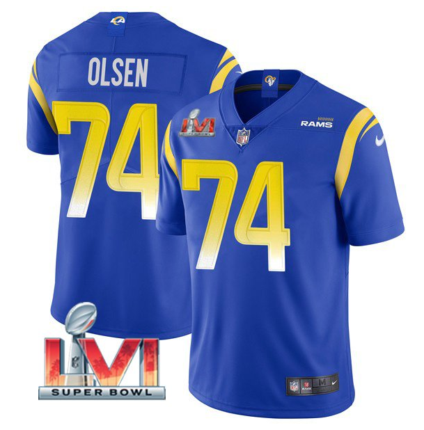 Personalized Men’s Los Angeles Rams #74 Merlin Olsen 2022 Royal Super Bowl LVI Limited Stitched Jersey