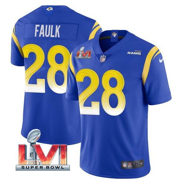 Personalized Men’s Los Angeles Rams #28 Marshall Faulk 2022 Royal Super Bowl LVI Limited Stitched Jersey