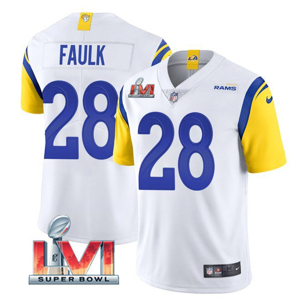 Personalized Men’s Los Angeles Rams #28 Marshall Faulk 2022 White Super Bowl LVI Limited Stitched Jersey