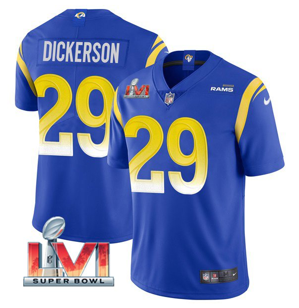Personalized Men’s Los Angeles Rams #29 Eric Dickerson 2022 Royal Super Bowl LVI Limited Stitched Jersey