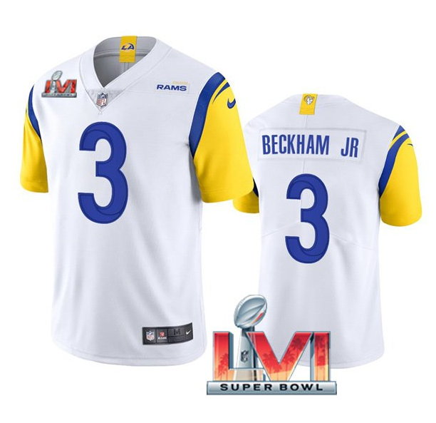 Personalized Men’s Los Angeles Rams #3 Odell Beckham Jr. 2022 White Super Bowl LVI Limited Stitched Jersey