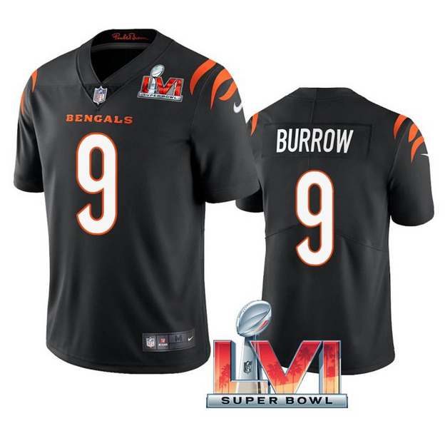Personalized Men’s Cincinnati Bengals #9 Joe Burrow 2022 Black Super Bowl LVI Limited Stitched Jersey