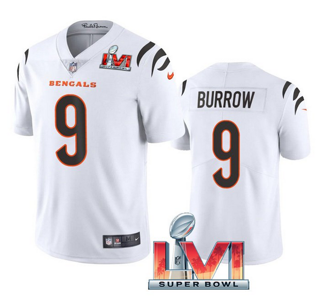 Personalized Men’s Cincinnati Bengals #9 Joe Burrow 2022 White Super Bowl LVI Limited Stitched Jersey