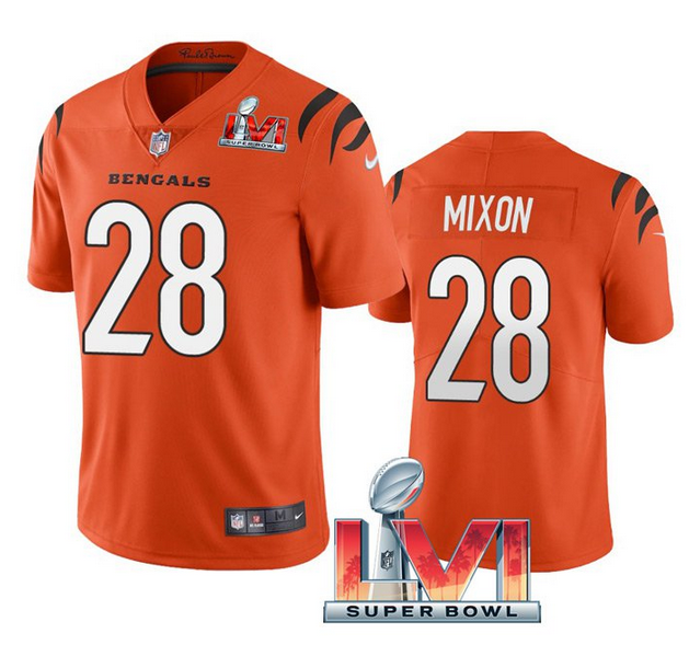 Personalized Men’s Cincinnati Bengals #28 Joe Mixon 2022 Orange Super Bowl LVI Limited Stitched Jersey
