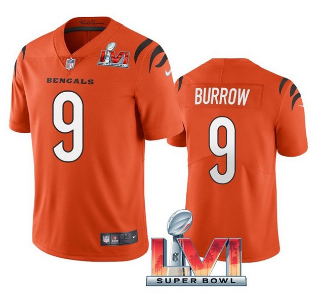 Personalized Men’s Cincinnati Bengals #9 Joe Burrow 2022 Orange Super Bowl LVI Limited Stitched Jersey