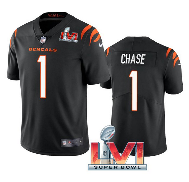 Personalized Men’s Cincinnati Bengals #1 Ja’Marr Chase 2022 Black Super Bowl LVI Limited Stitched Jersey