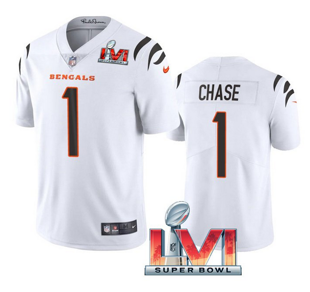 Personalized Men’s Cincinnati Bengals #1 Ja’Marr Chase 2022 White Super Bowl LVI Limited Stitched Jersey