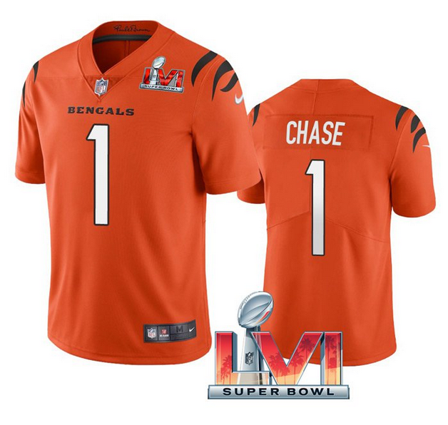 Personalized Men’s Cincinnati Bengals #1 Ja’Marr Chase 2022 Orange Super Bowl LVI Limited Stitched Jersey