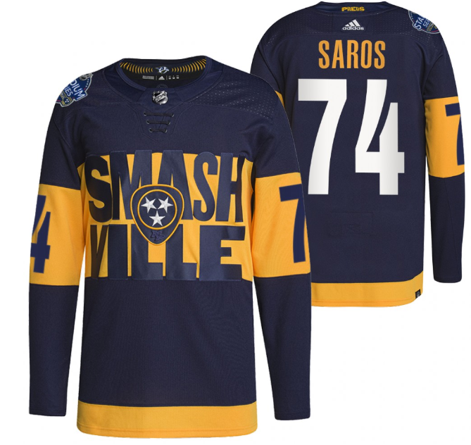 Personalized Men’s Nashville Predators #74 Juuse Saros 2022 Navy Stadium Series Breakaway Player Stitched Jersey