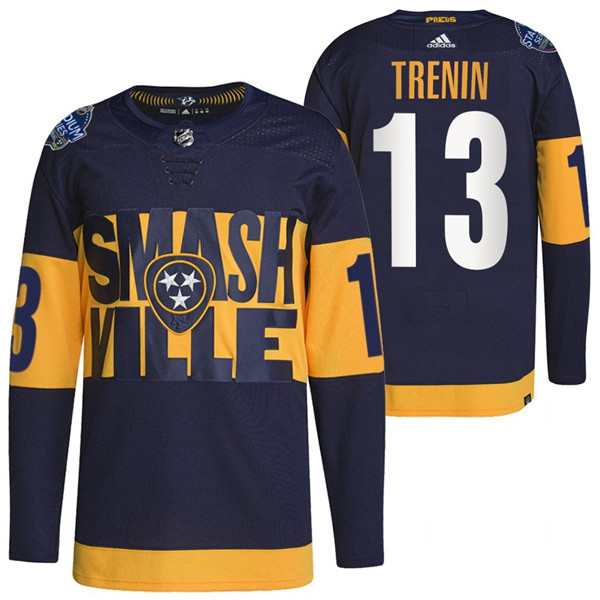 Personalized Men’s Nashville Predators #13 Yakov Trenin 2022 Navy Stadium Series Breakaway Player Stitched Jersey