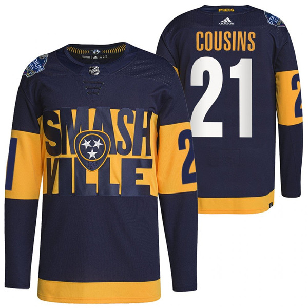 Personalized Men’s Nashville Predators #21 Nick Cousins 2022 Navy Stadium Series Breakaway Player Stitched Jersey