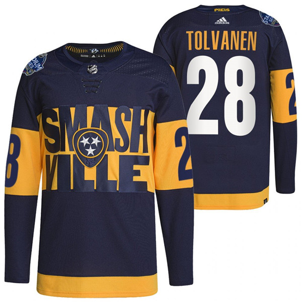 Personalized Men’s Nashville Predators #28 Eeli Tolvanen 2022 Navy Stadium Series Breakaway Player Stitched Jersey