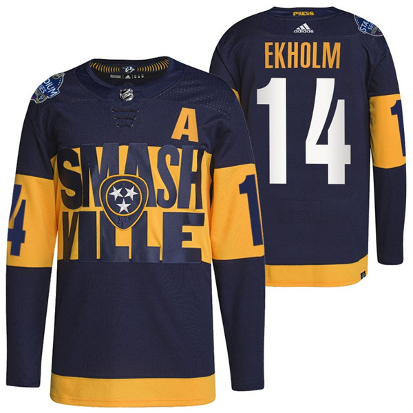 Personalized Men’s Nashville Predators #14 Mattias Ekholm 2022 Navy Stadium Series Breakaway Player Stitched Jersey