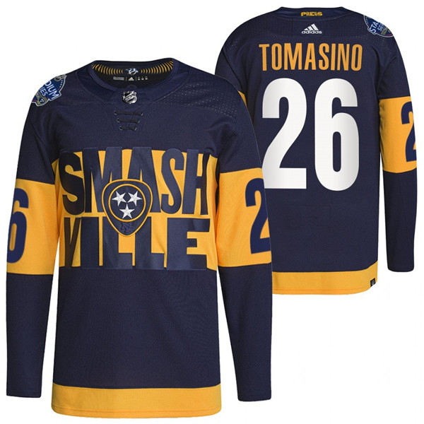 Personalized Men’s Nashville Predators #26 Philip Tomasino 2022 Navy Stadium Series Breakaway Player Stitched Jersey