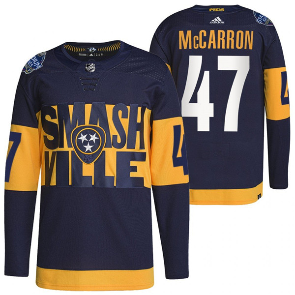 Personalized Men’s Nashville Predators #47 Michael Mccarron 2022 Navy Stadium Series Breakaway Player Stitched Jersey