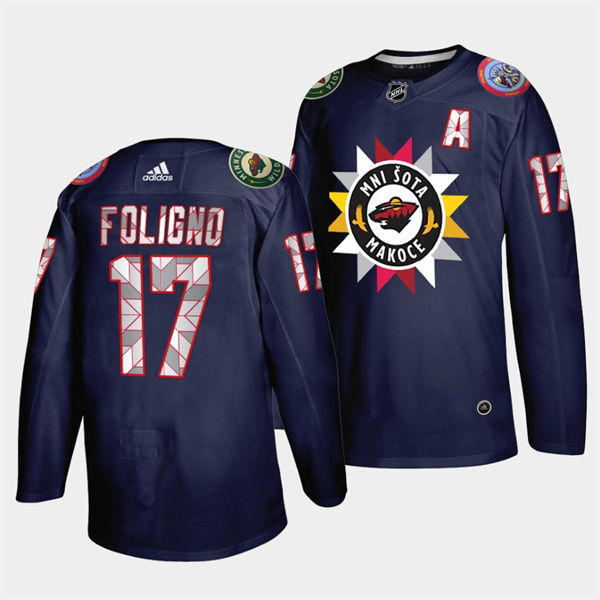 Personalized Men’s Minnesota Wild #17 Marcus Foligno 2021 22 Navy Native American Heritage Day Stitched Jersey
