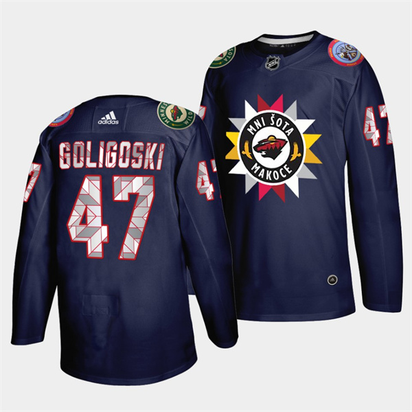 Personalized Men’s Minnesota Wild #47 Alex Goligoski 2021 22 Navy Native American Heritage Day Stitched Jersey