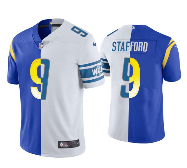 Personalized Men’s Los Angeles Rams #9 Matthew Stafford Royal White Split Stitched Football Jersey
