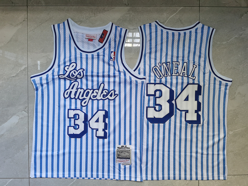 Personalized Lakers 34 Shaquille O’Neal Blue White 1996 97 Hardwood Classics Jersey