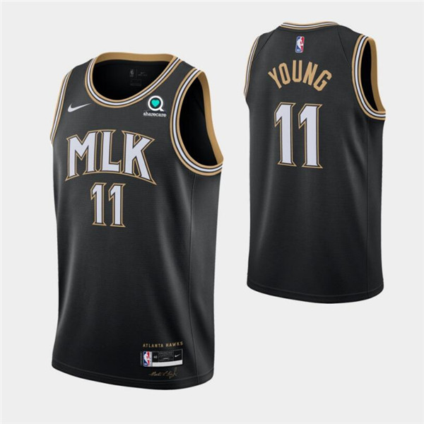 Personalized Men’s Atlanta Hawks #11 Trae Young 2020 21 Black MLK City Edition With Sponsor Patch Stitched Jersey