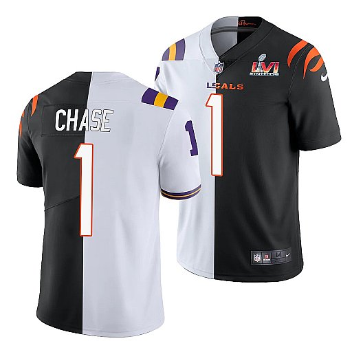 Personalized Men’s Cincinnati Bengals #1 Ja’Marr Chase 2022 White Black Split Super Bowl LVI Stitched Jersey