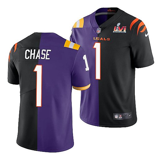 Personalized Men’s Cincinnati Bengals #1 Ja’Marr Chase 2022 Purple Black Split Super Bowl LVI Stitched Jersey