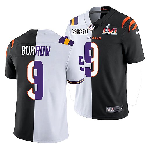 Personalized Men’s Cincinnati Bengals X LSU Tigers #9 Joe Burrow 2022 White Black Split Super Bowl LVI Stitched Jersey