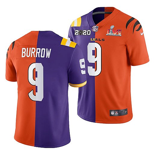 Personalized Men’s Cincinnati Bengals X LSU Tigers #9 Joe Burrow 2022 Purple Orange Split Super Bowl LVI Stitched Jersey