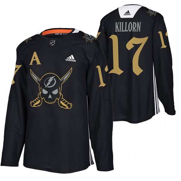 Personalized Men’s Tampa Bay Lightning #17 Alex Killorn Black Gasparilla Inspired Pirate-Themed Warmup Stitched Jersy