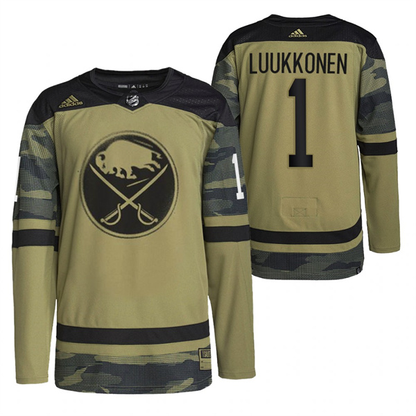 Personalized Men’s Buffalo Sabres #1 Ukko-Pekka Luukkonen 2022 Camo Military Appreciation Night Stitched Jersey